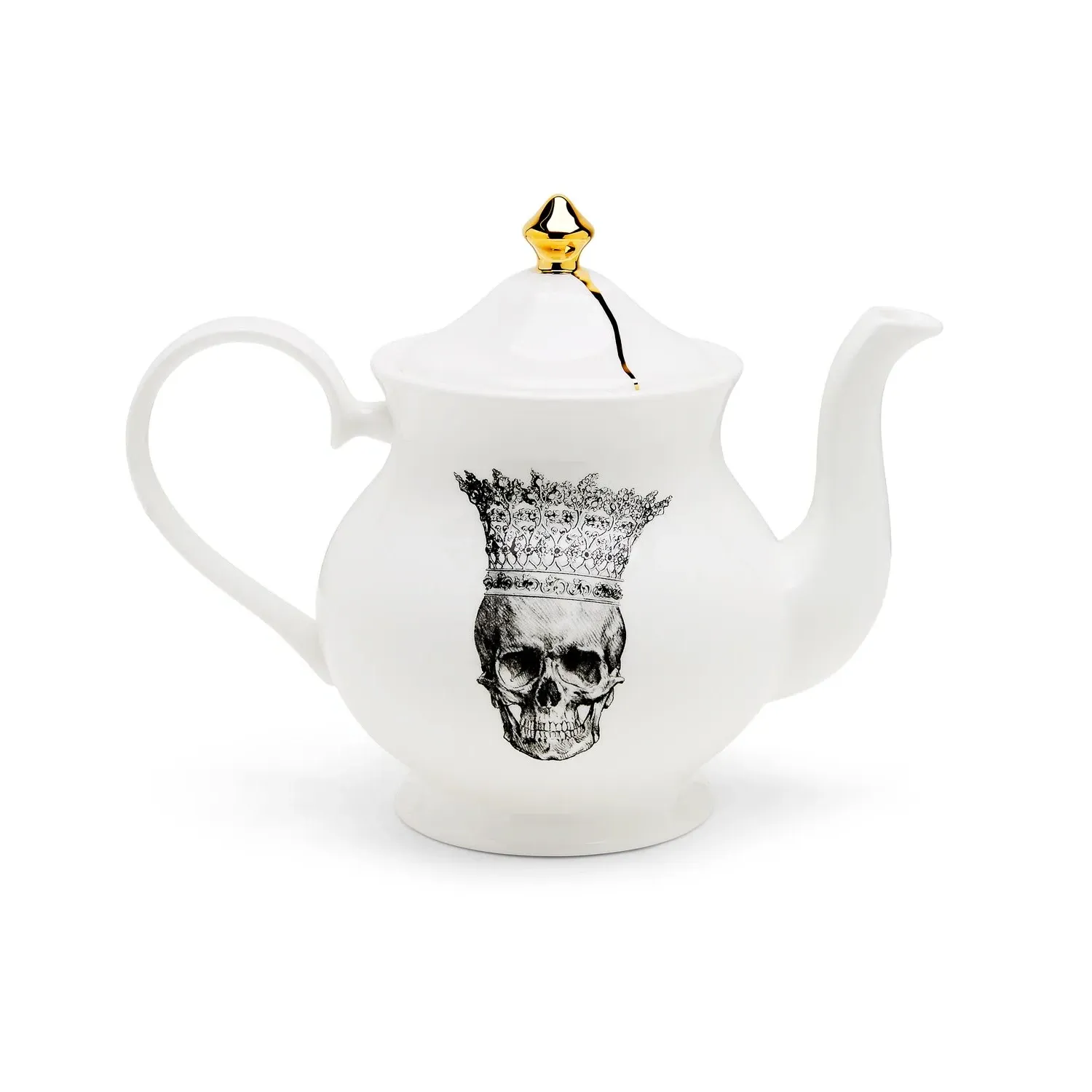 Skull In Crown Teapot - White, Bone China