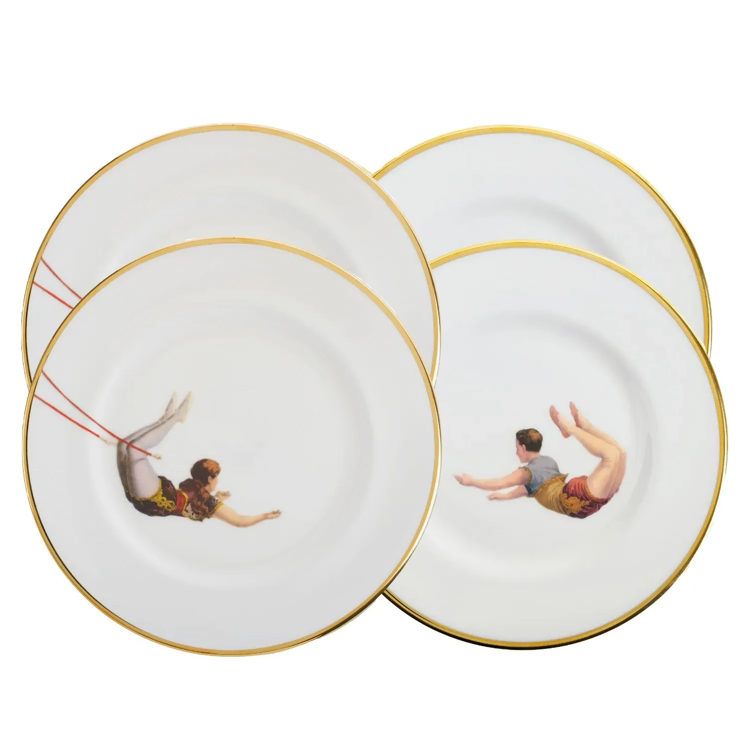 Trapeze Set of Four Dinner Plates - Gold/White/Red, Bone China