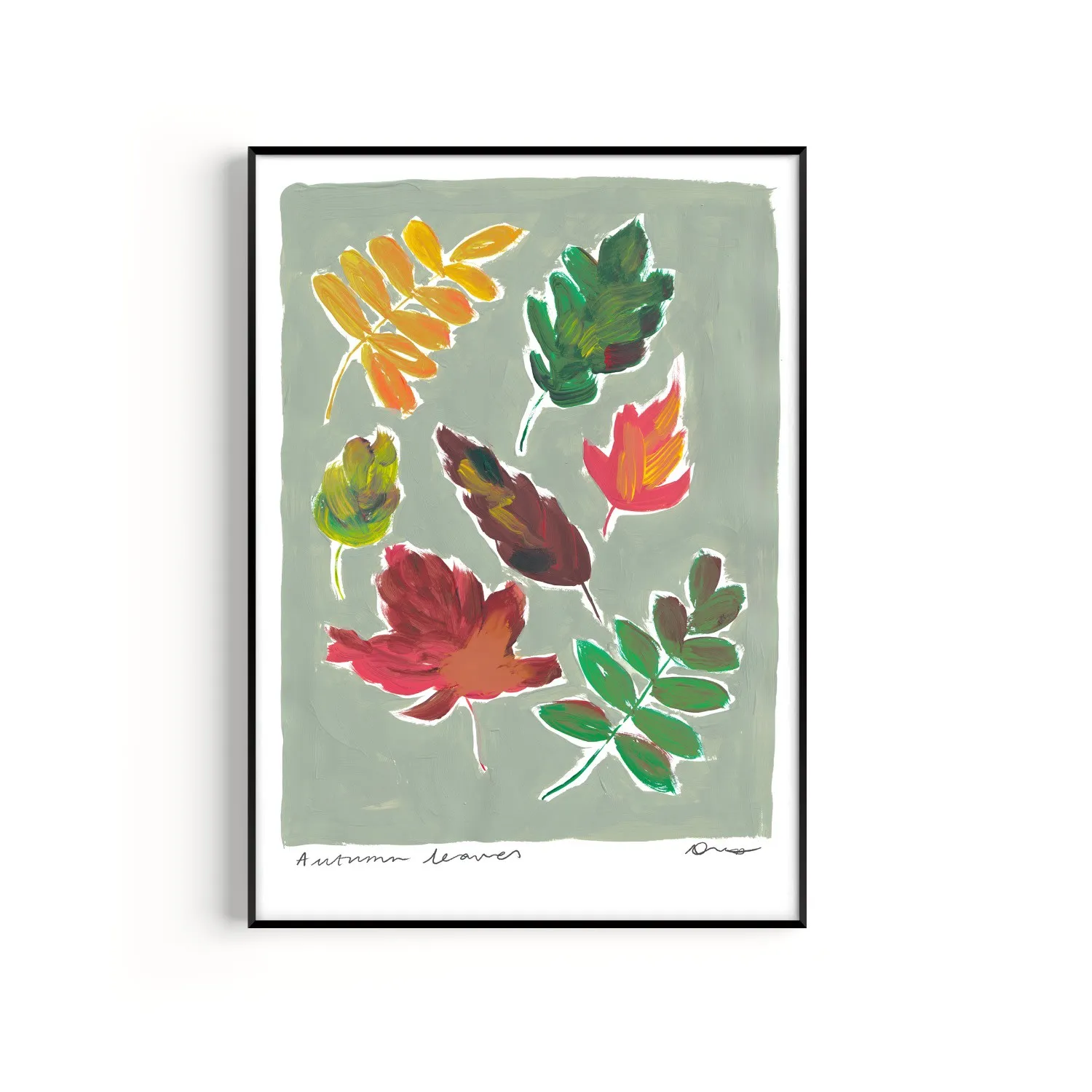A2 Autumn Leaves Hand Painted Art Print - Green