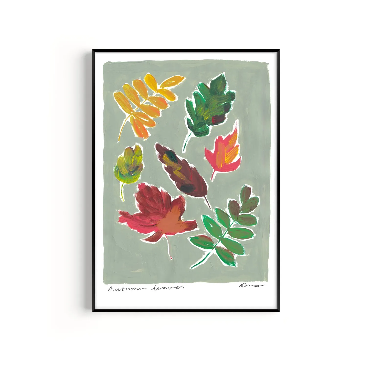 A3 Autumn Leaves Hand Painted Art Print - Green image