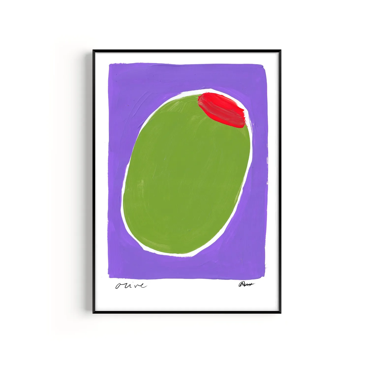 A3 Olive Hand Painted Art Print - Green