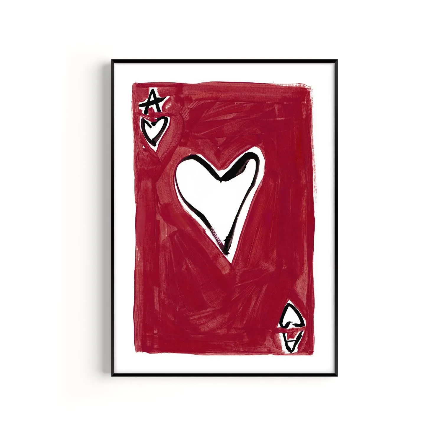 Red Ace Of Hearts A3 Hand Painted Art Print - Red