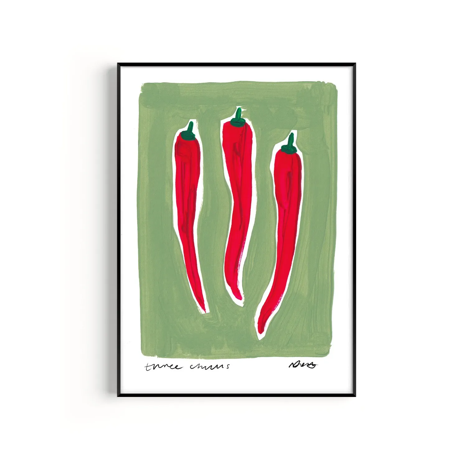 Three Chillis A2 Hand Painted Art Print - Green