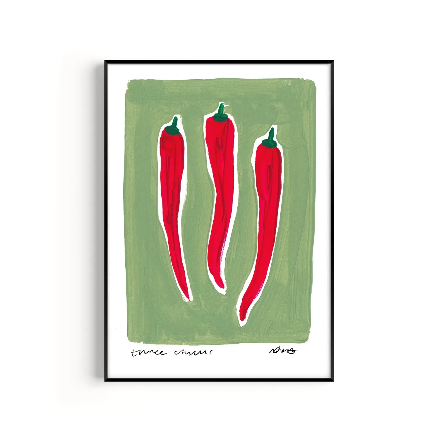 Three Chillis A3 Hand Painted Art Print - Green image