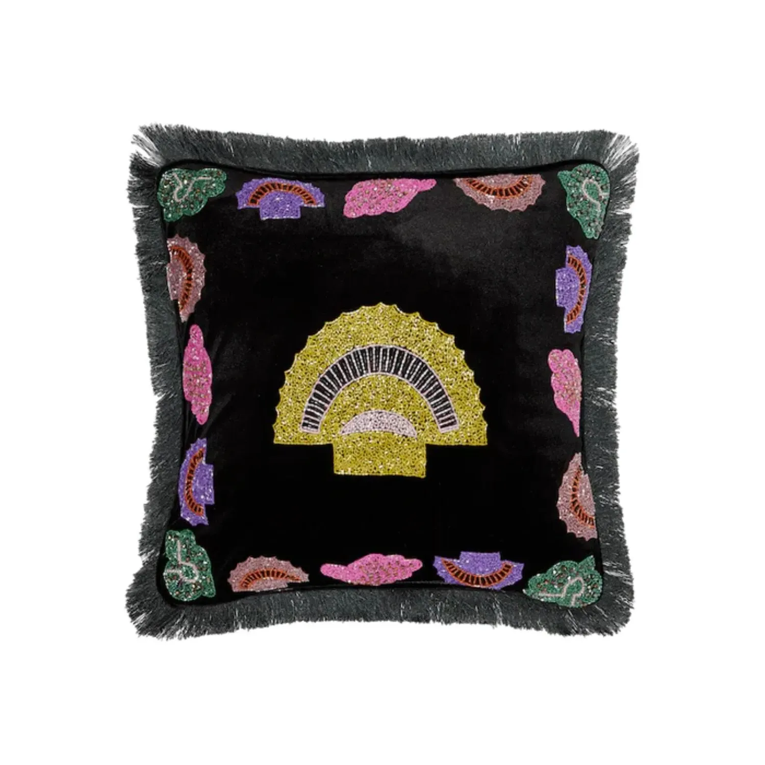 Hestia Cushion with Fringing - Black, Velvet