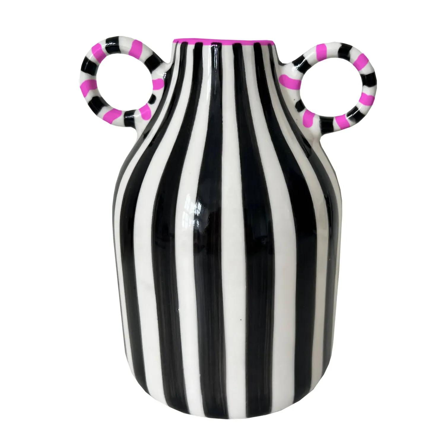Zebra Stripe Vase with Pink Handle - Black/White