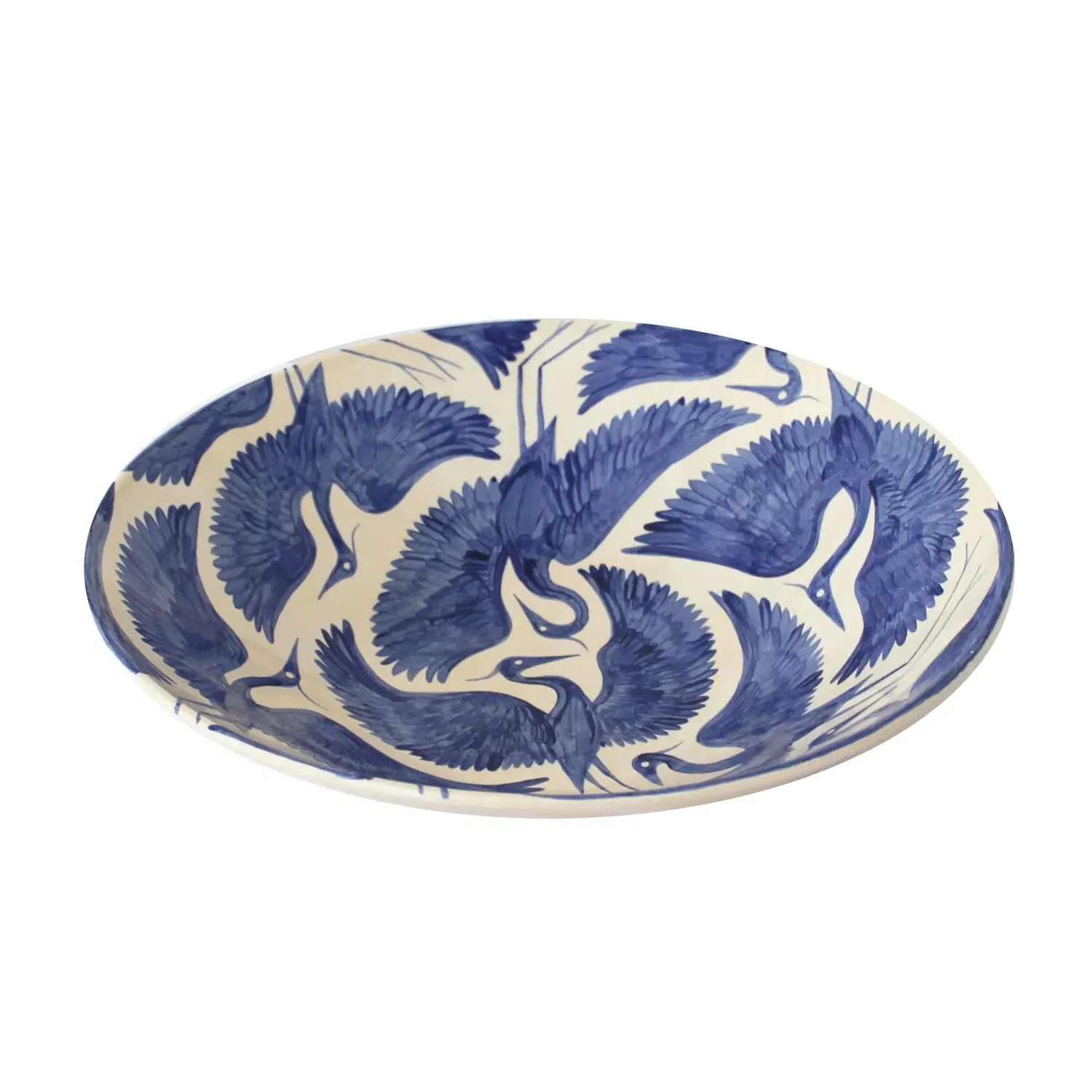 Hand Painted Herons Large Serving Bowl - Deep Blue