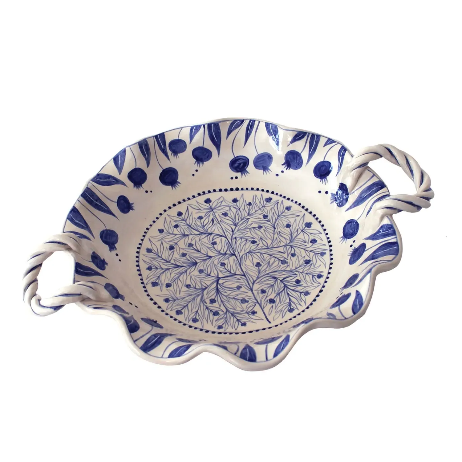 Hand-Painted Pomegranate Fruit Basket Bowl - Deep Blue