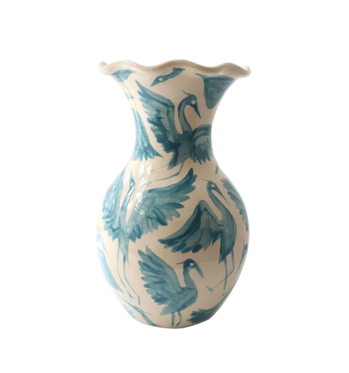 Herons Hand Painted Scalloped Vase - Teal