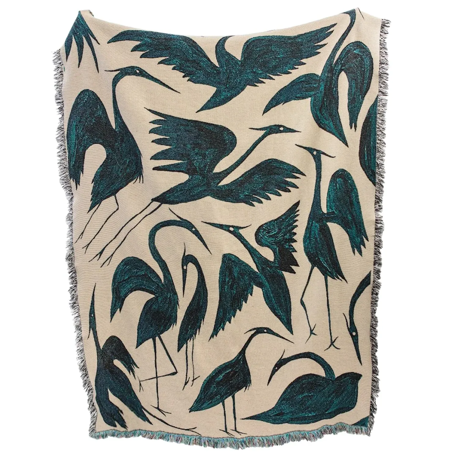 Herons Woven Throw with Fringe - White, Recycled Cotton