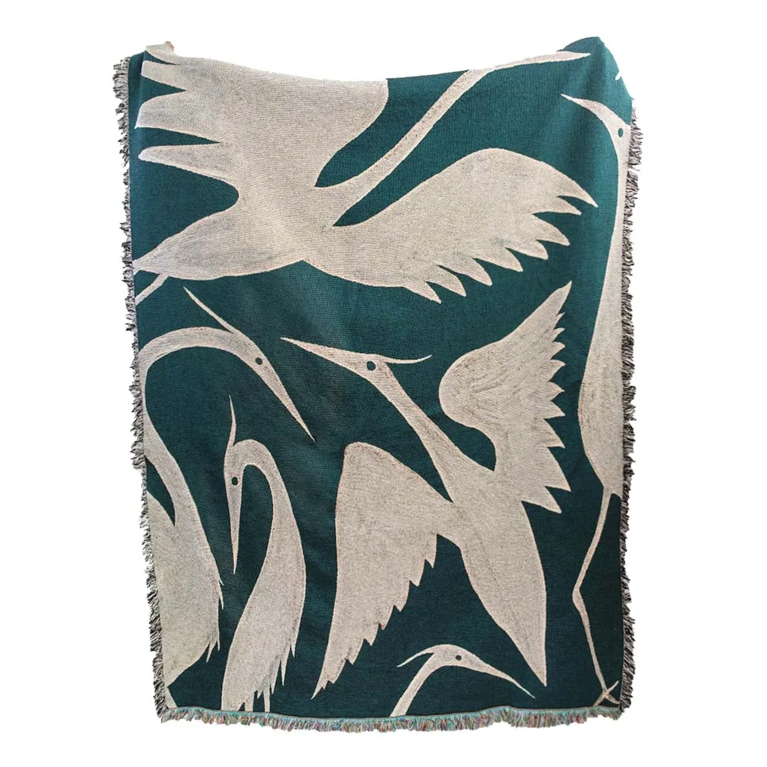 Teal Heron Woven Throw - Green, Cotton
