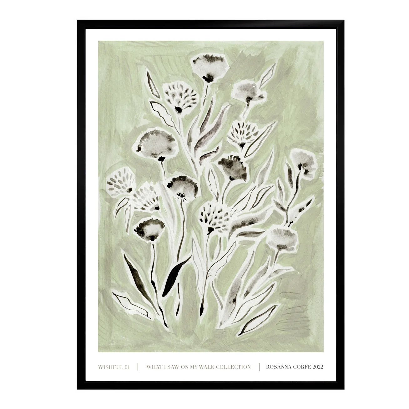 Wishful Green A3 Floral Art Print - Grey image