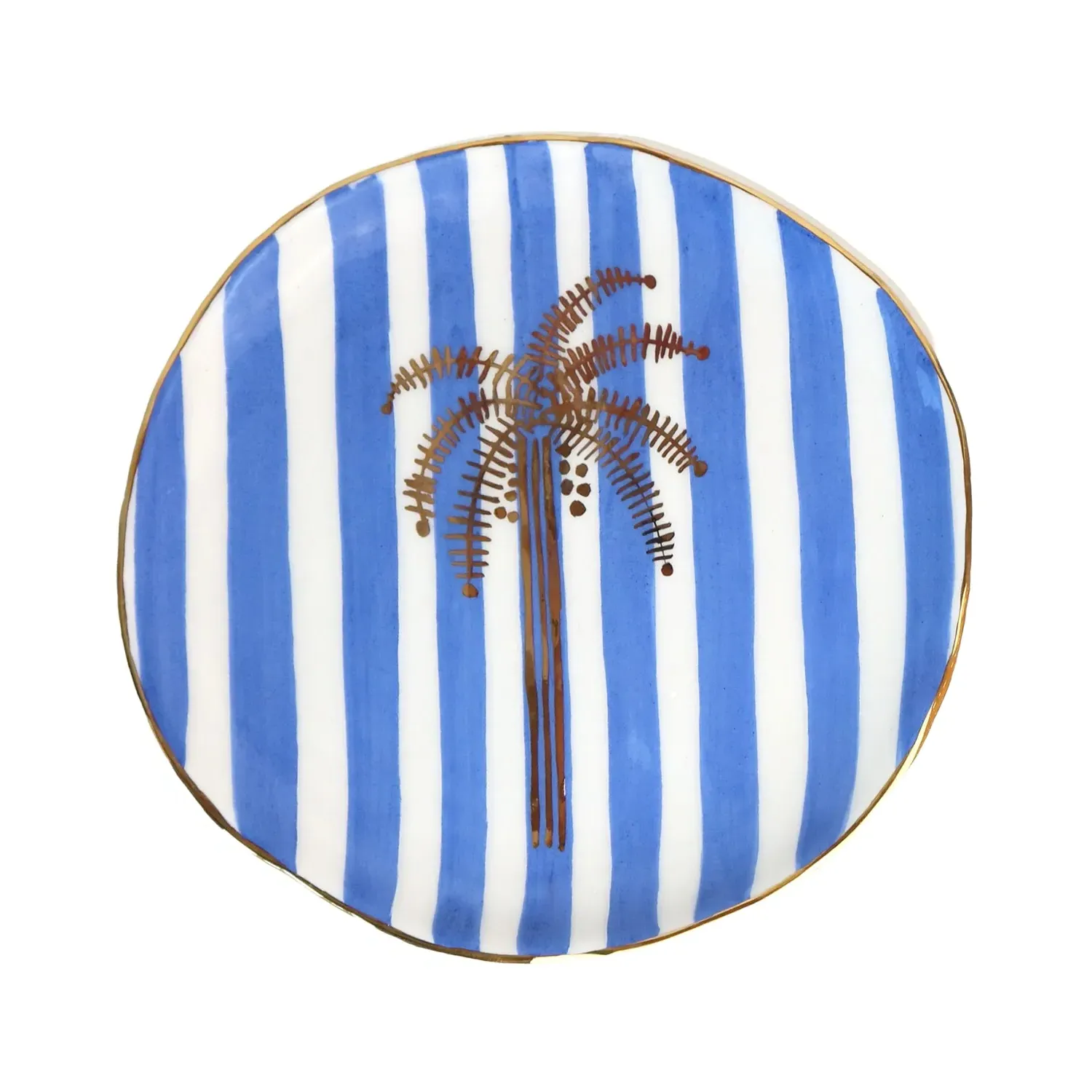 Gold Palm Tree Royal Blue Stripe Wall Plate - Blue, Ceramic image