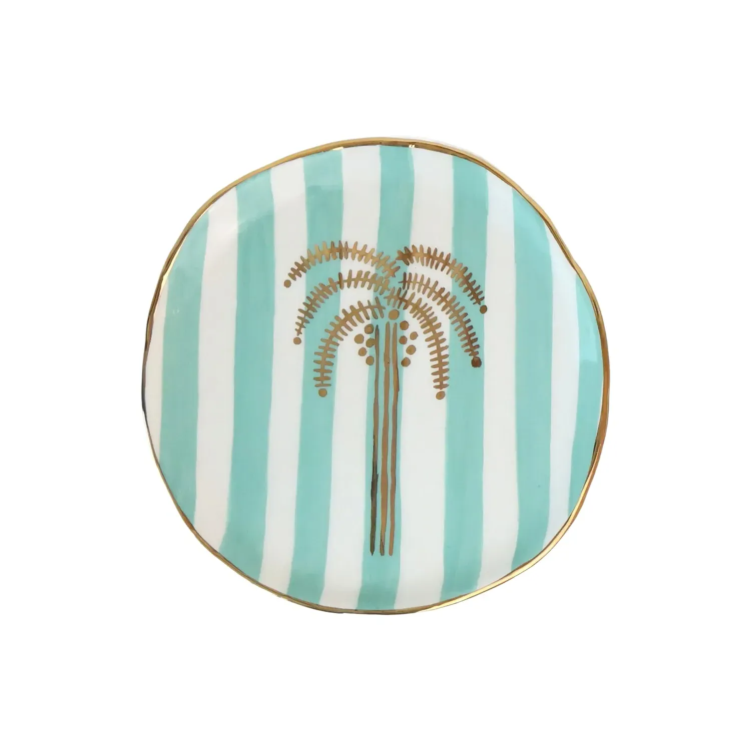 Gold Palm Tree Turquoise Stripe Wall Plate - Blue, Ceramic