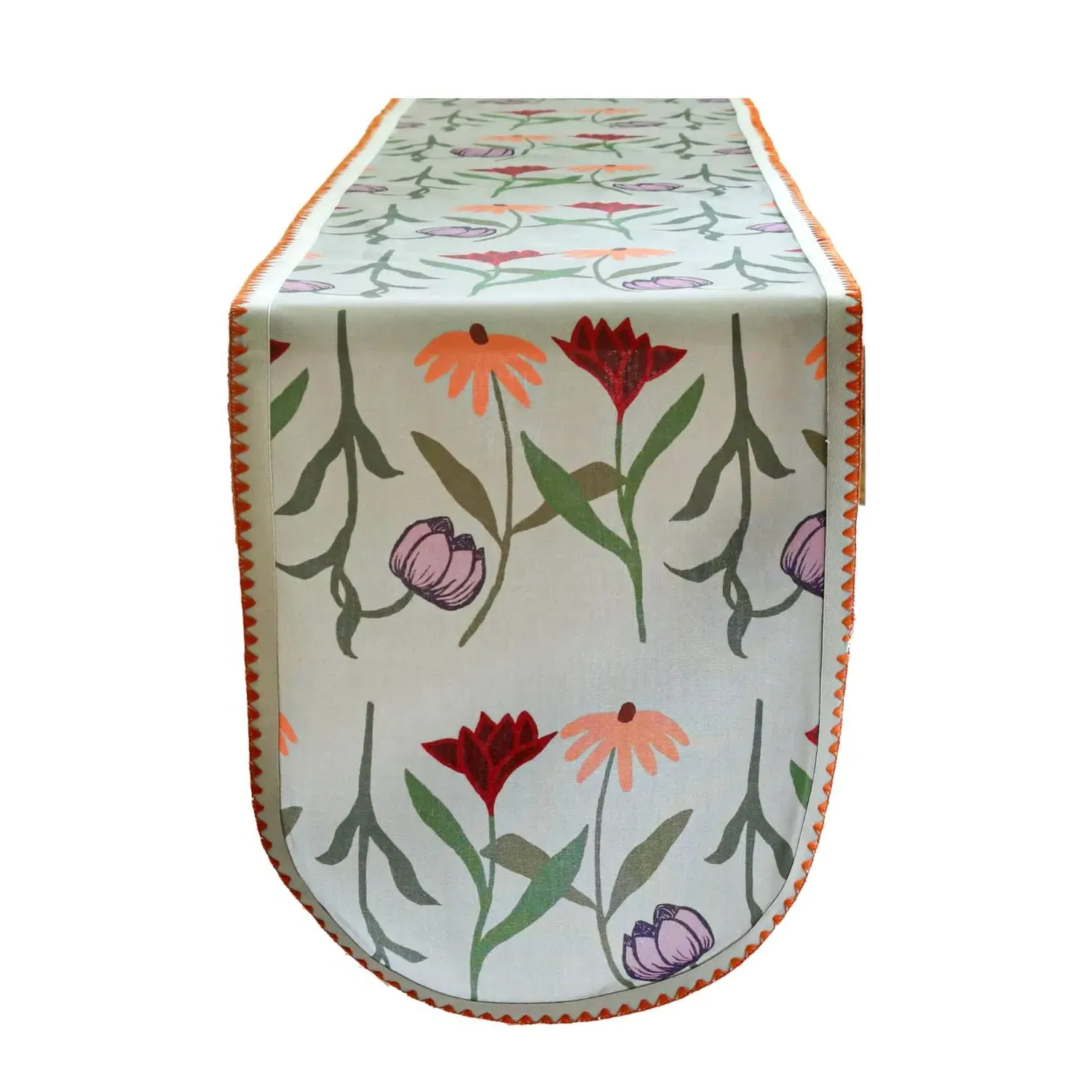 Large Table Runner with Flower Print - Grey, Organic Cotton image