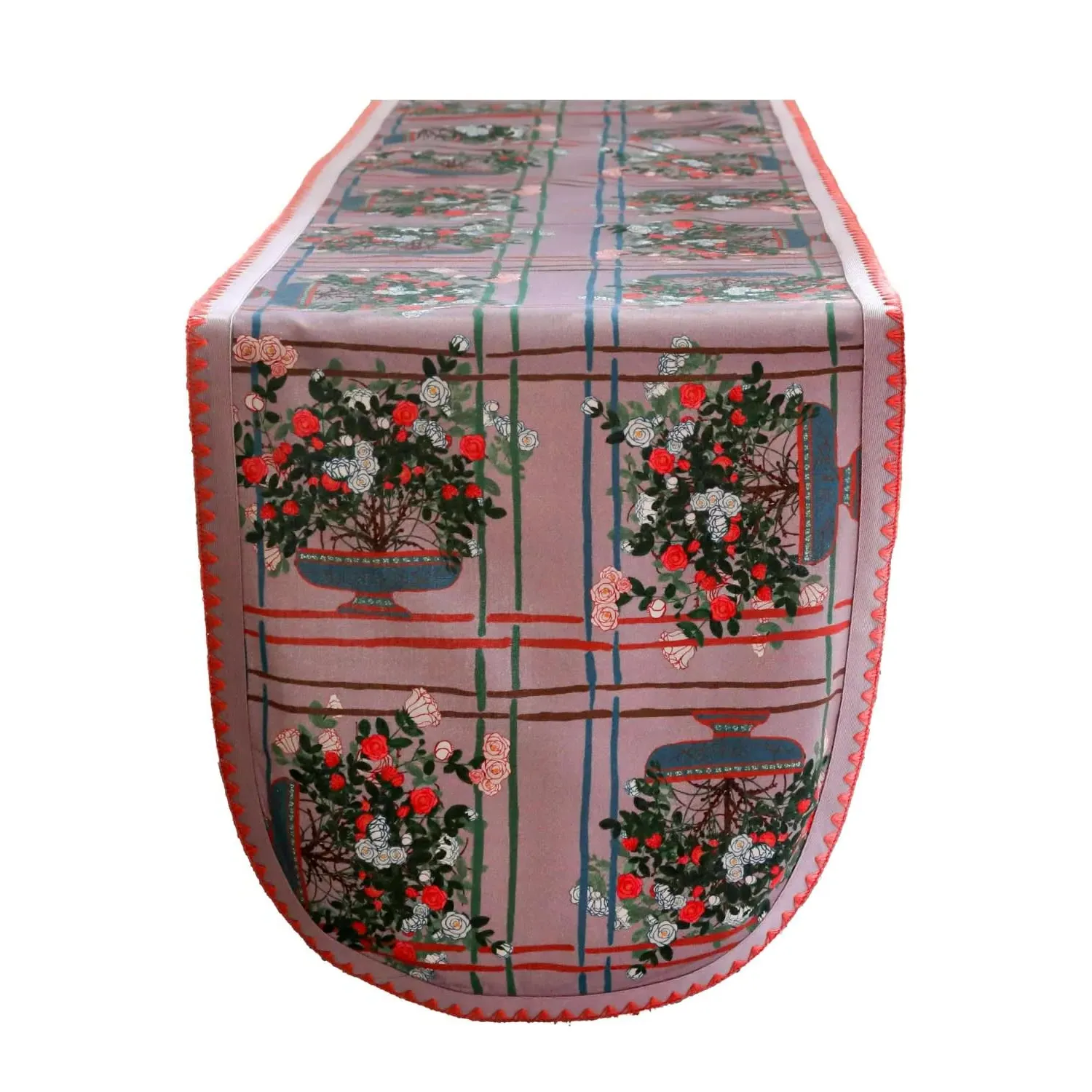 Large Table Runner with Rose Print - Pink, Organic Cotton