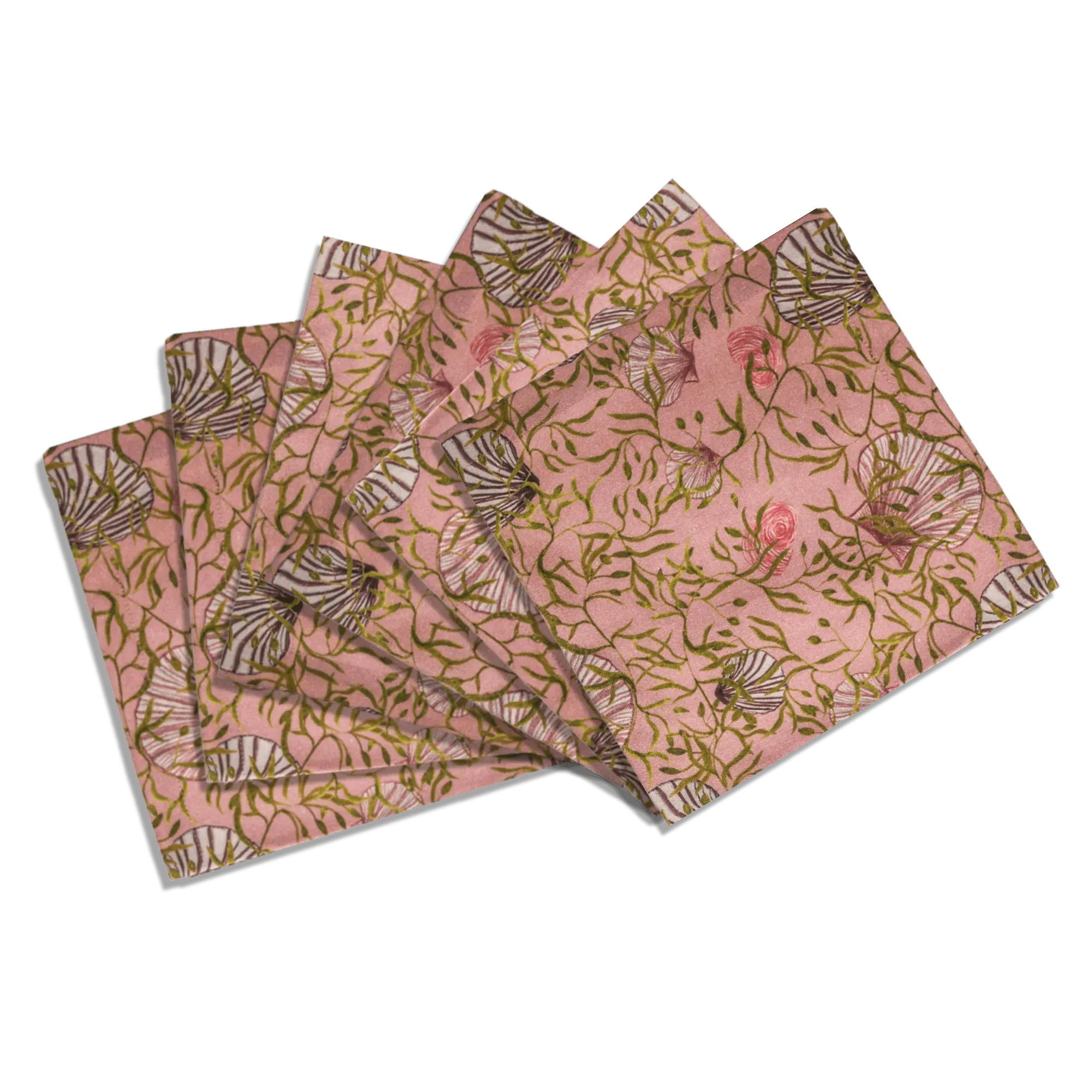 Set of Six Napkins with Shells Print - Green/Pink