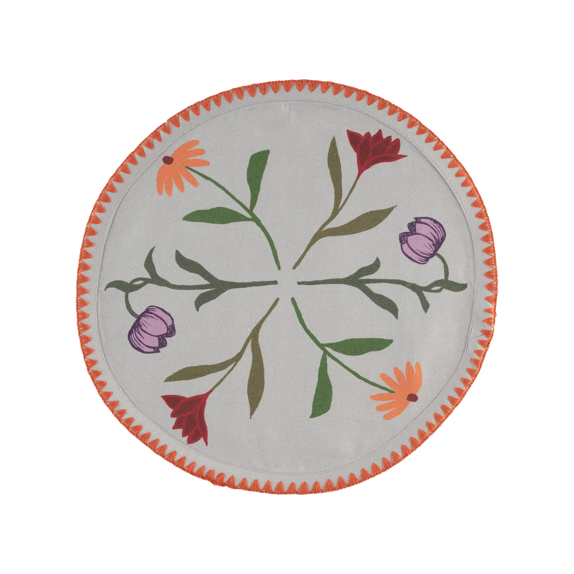 Set of Six Round Placemats with Embroidery - Grey, Cotton