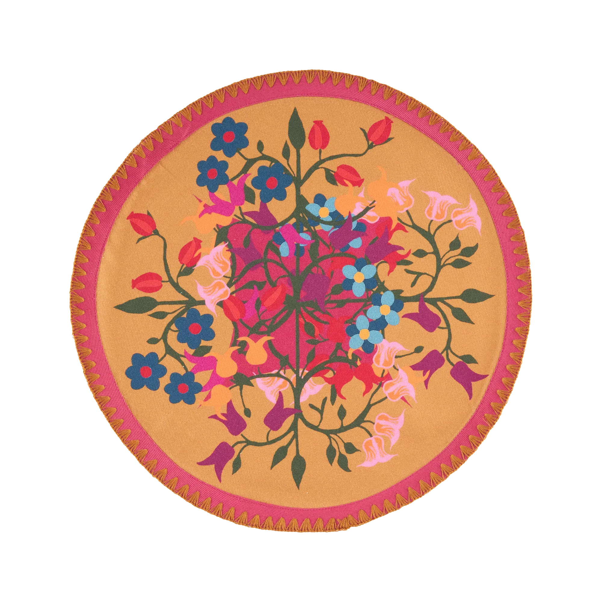 Set of Six Round Placemats with Embroidery - Orange, Cotton