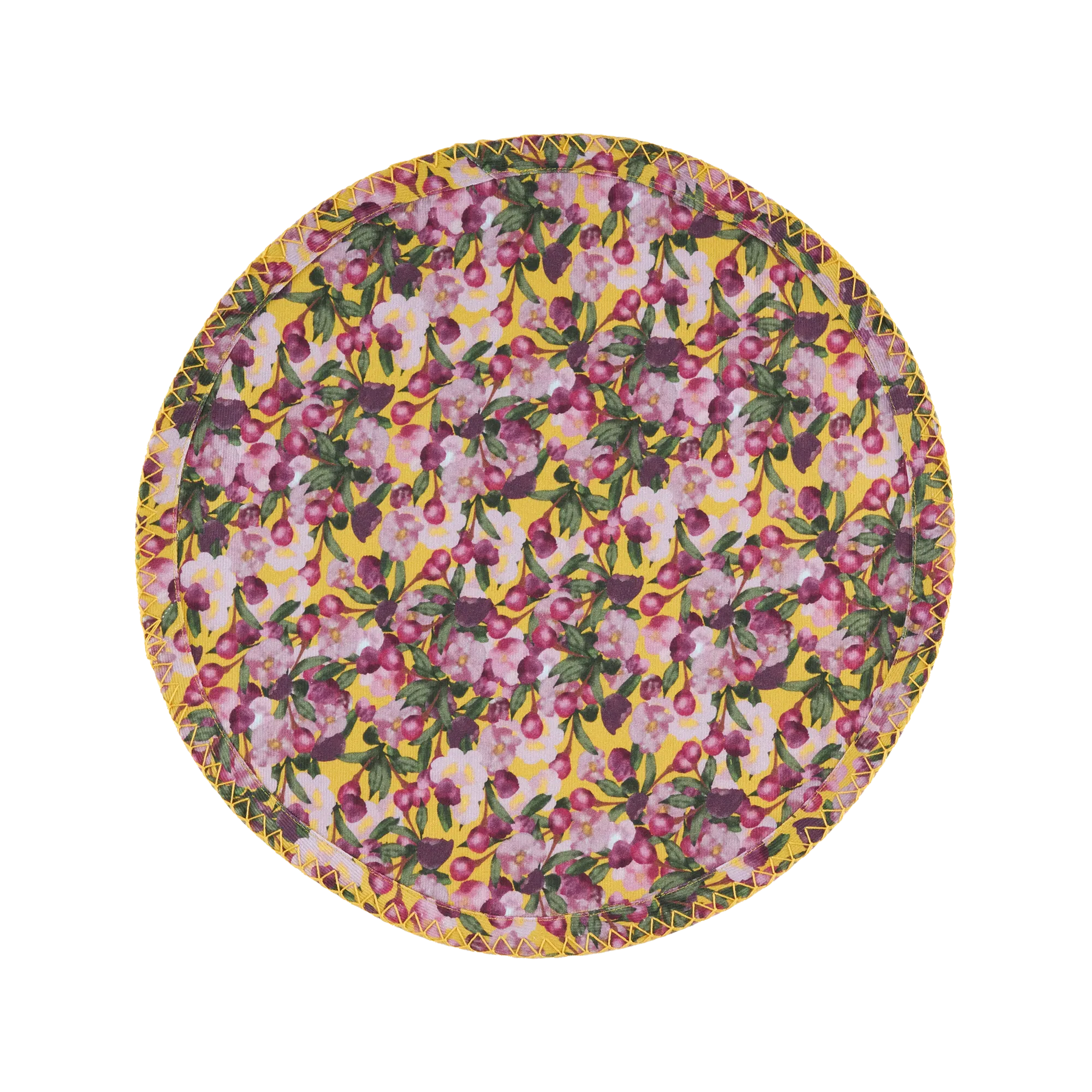 Set of Six Round Placemats with Embroidery - Yellow, Cotton