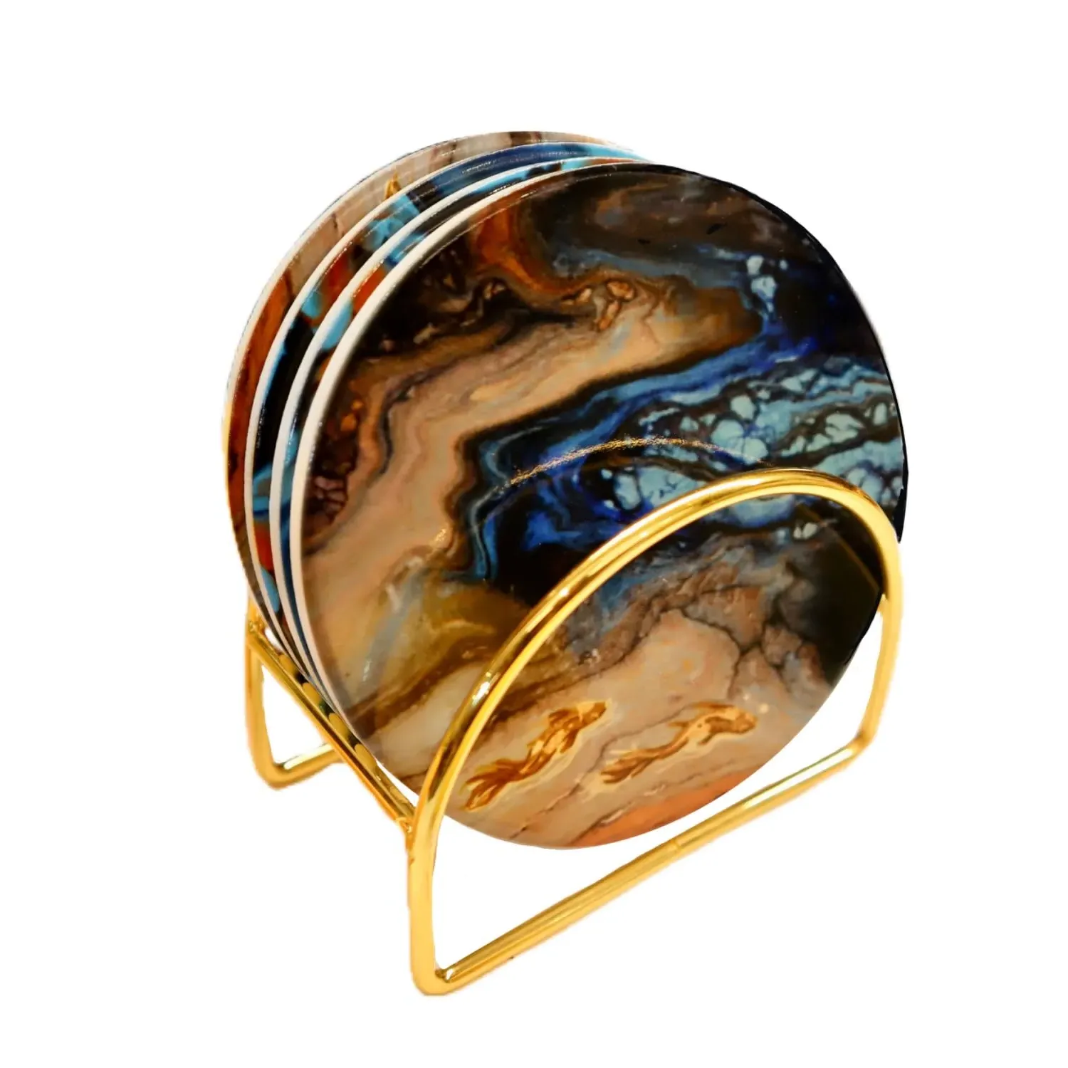 Fish Painting Ceramic Coasters Set of 4 with Gold Holder - Yellow