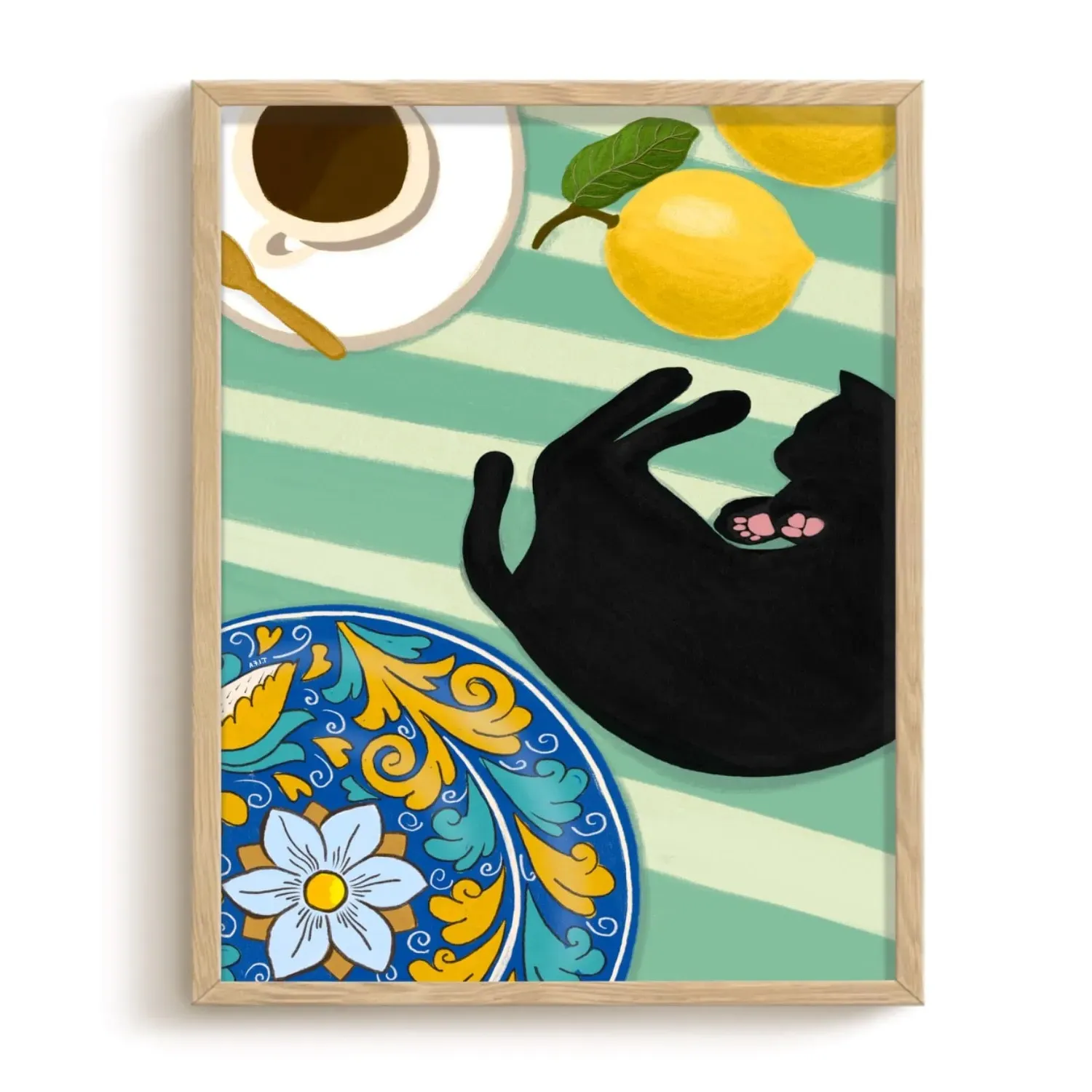 Black Cat And Lemons A3 Art Print - Black