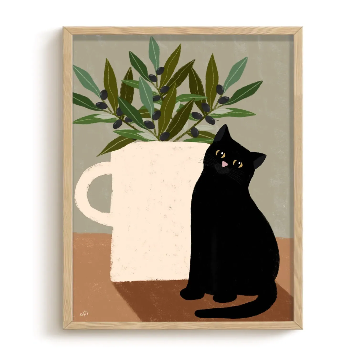 Black Cat And Olives A4 Art Print - Black image