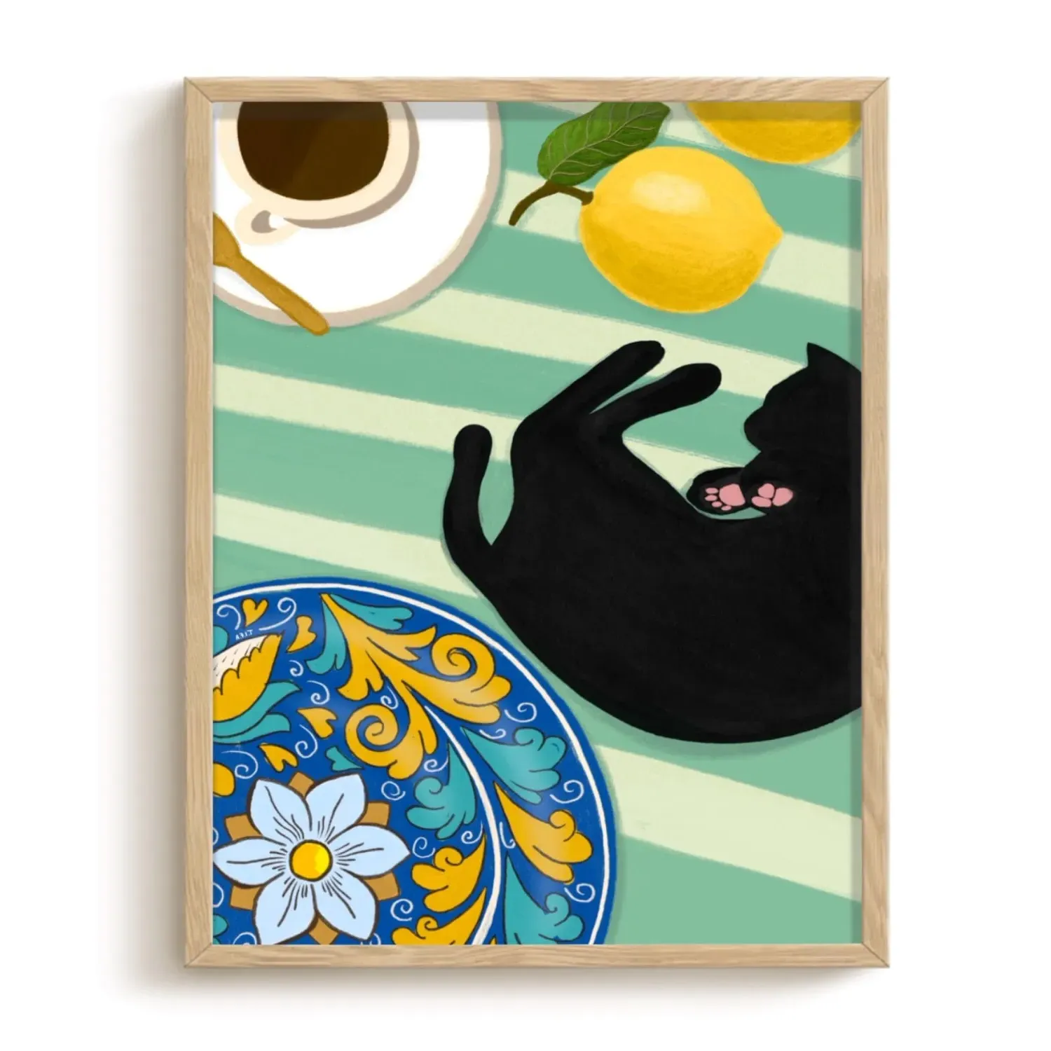 Coffee And Lemons A3 Cat Art Print - Brown