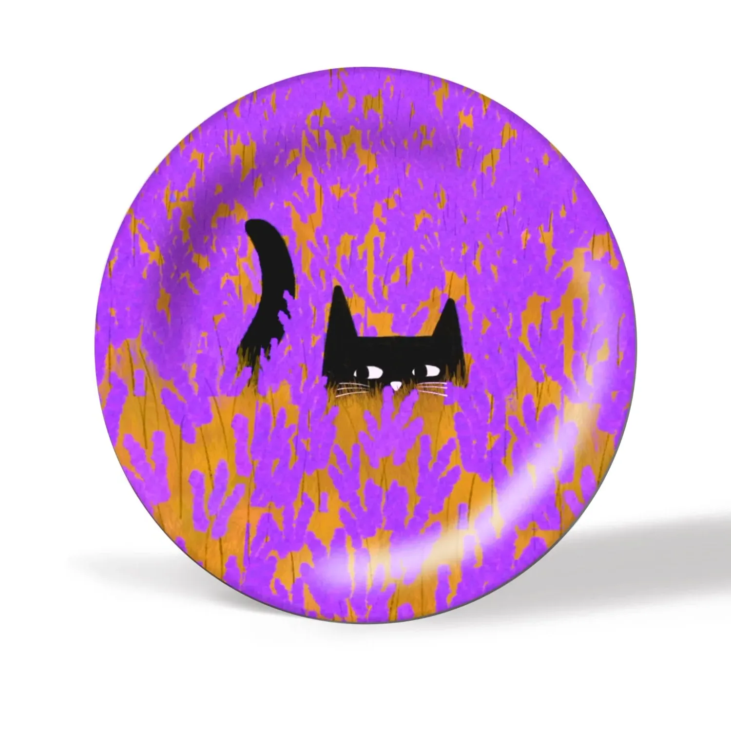 Lavender Field Cat Round Ceramic Plate - Purple image