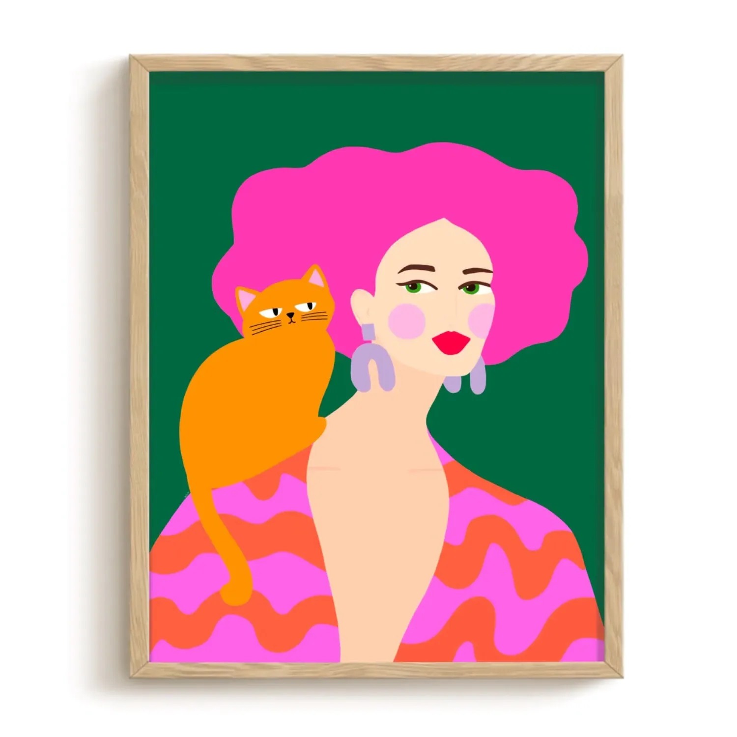 Pink Hair Girl A3 Cat Art Print - Pink