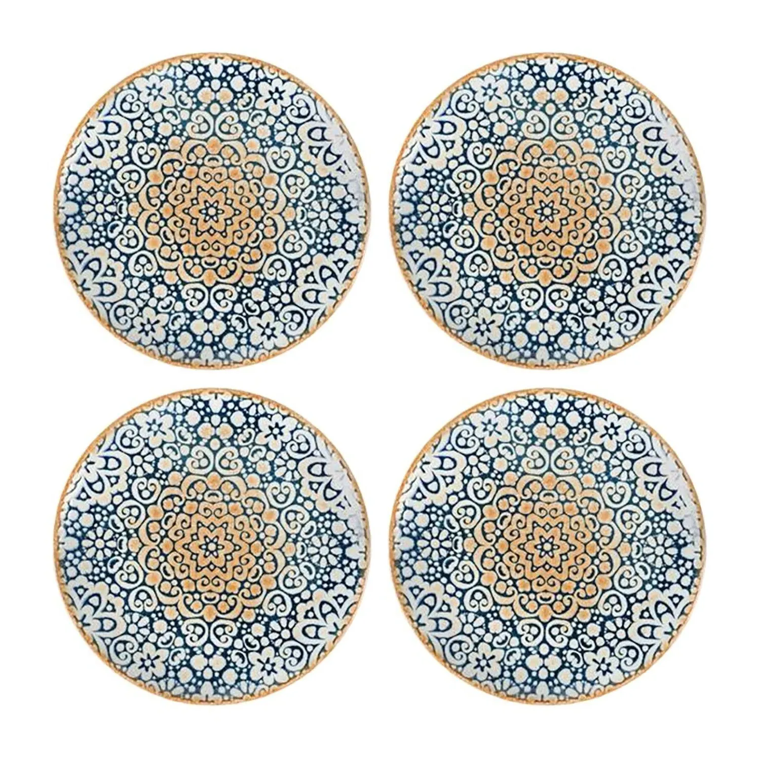 Alhambra Round Decorated Porcelain Dessert Plate Set Of Four - Blue/Brown