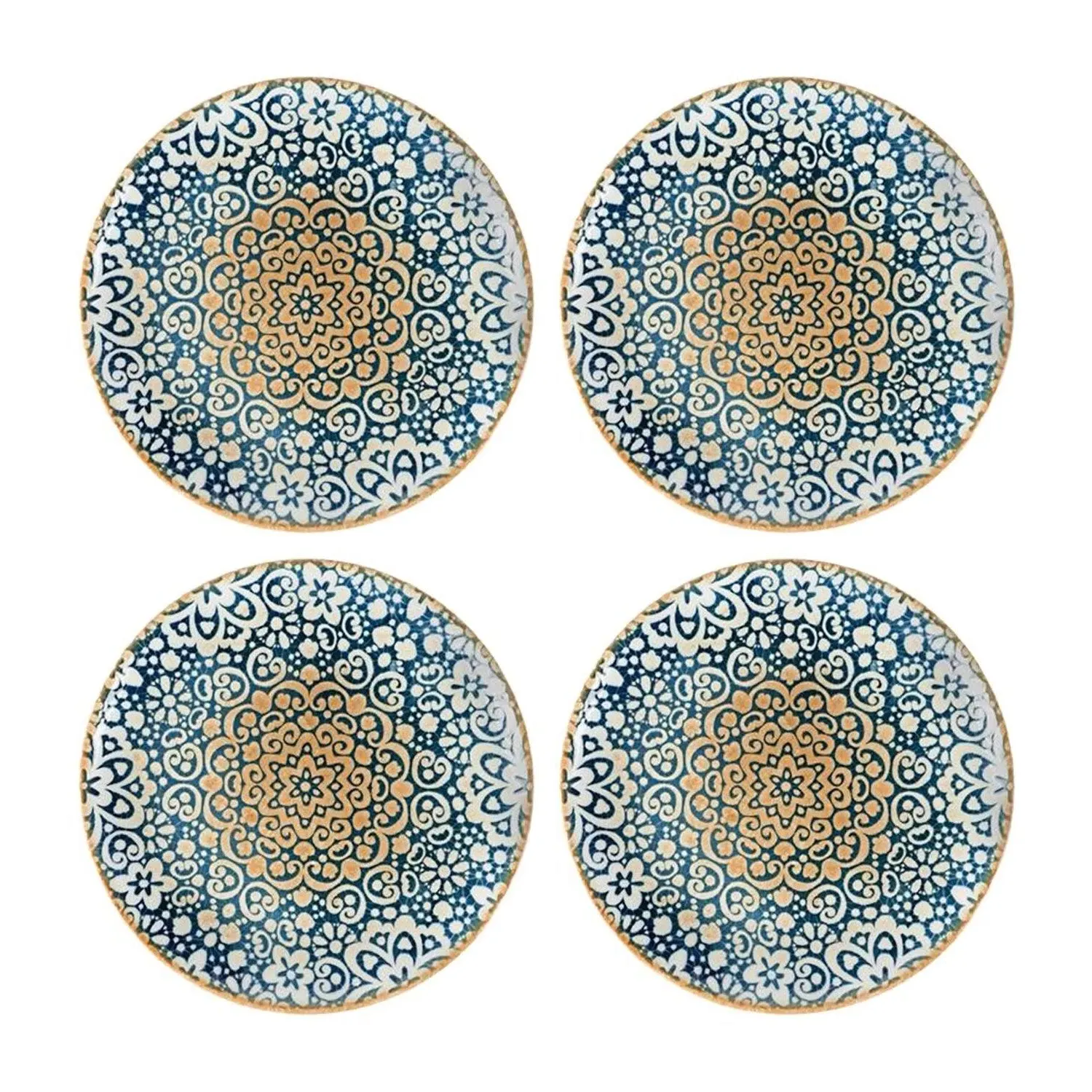 Alhambra Round Decorated Porcelain Dinner Plate Set Of Four - Blue/Brown