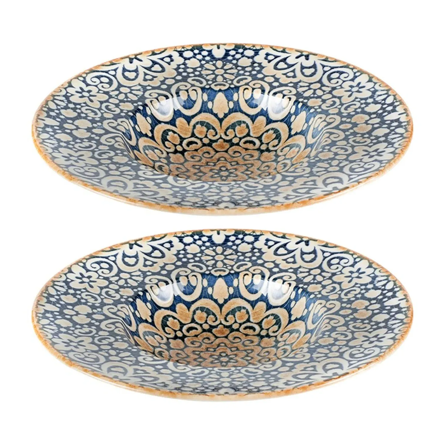 Alhambra Round Decorated Porcelain Entree Bowl Set Of Two - Blue/Brown