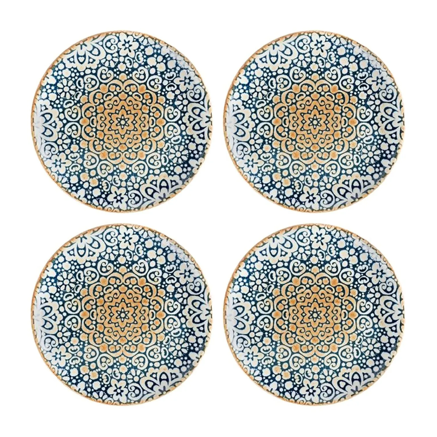 Alhambra Round Decorated Porcelain Plate Set Of Four - Blue/Brown