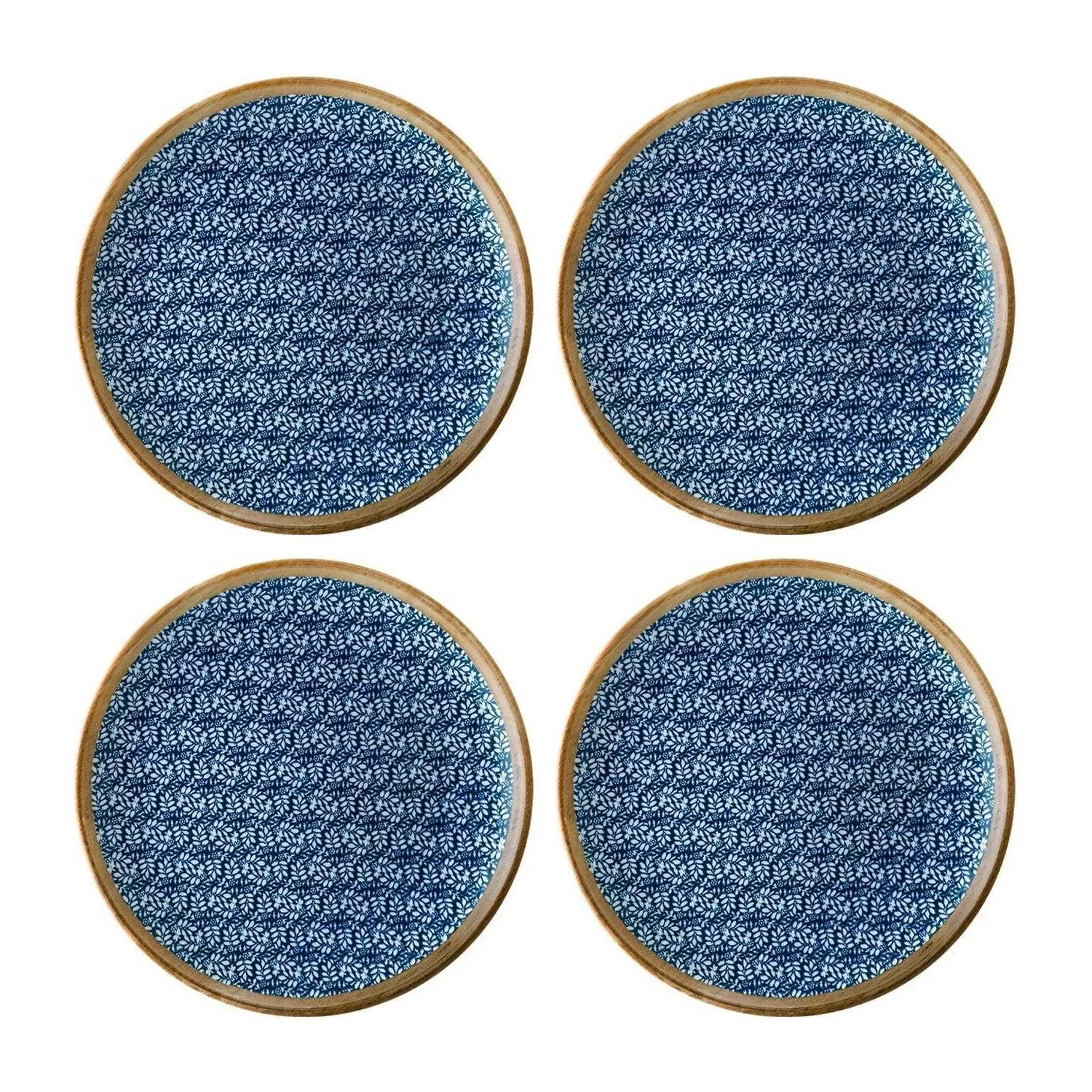 Calif Round Decorated Dessert Plate Set Of Four - Blue/White, Porcelain