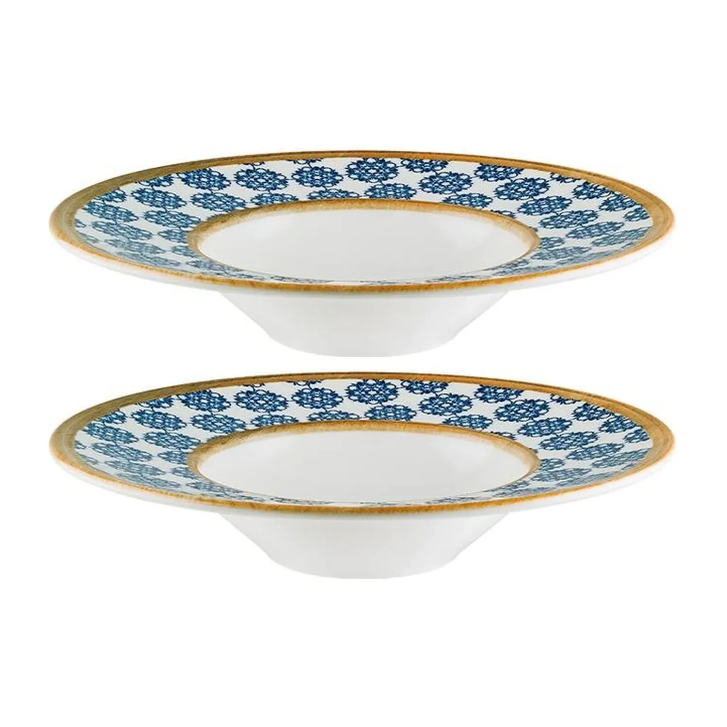 Calif Round Decorated Pasta Bowl Set Of Two - Blue/White, Porcelain