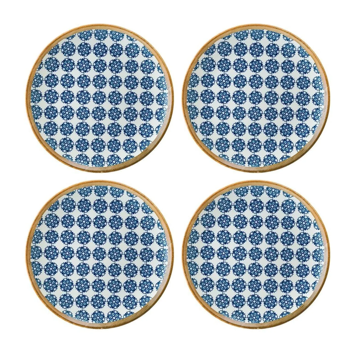 Calif Round Decorated Plate Set Of Four - Blue/White, Porcelain