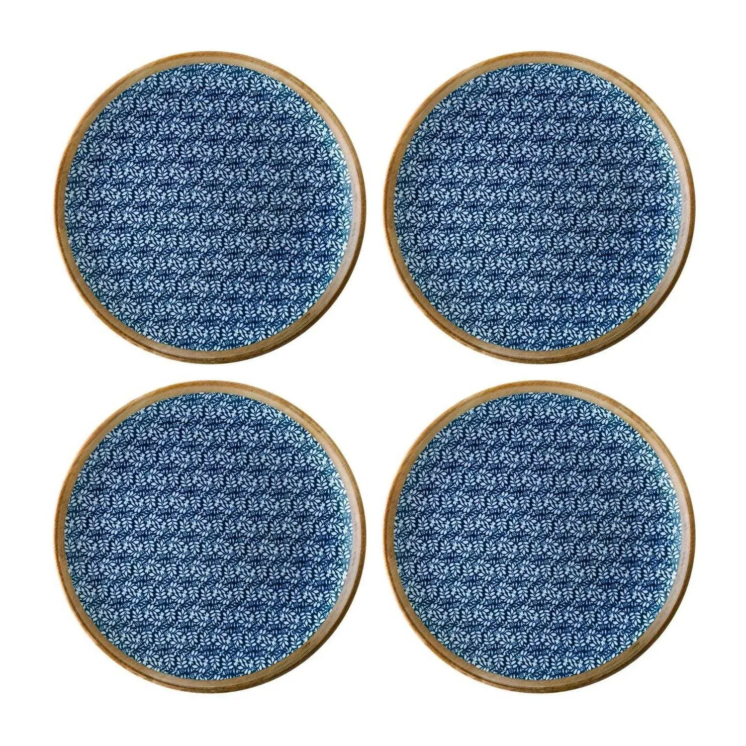 Calif Round Decorated Plate Set Of Four - Blue/White, Porcelain