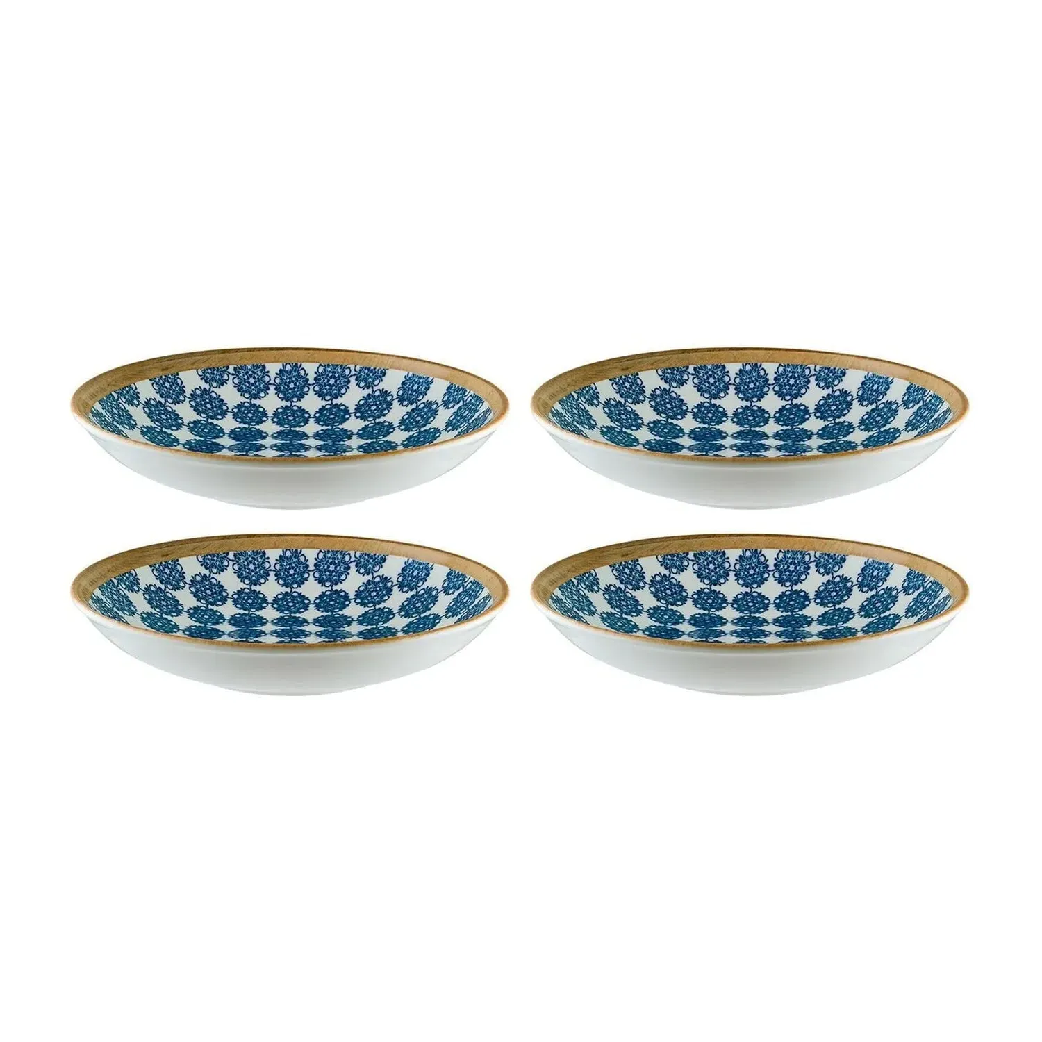 Calif Round Decorated Salad Bowl Set Of Four - Blue/White, Porcelain