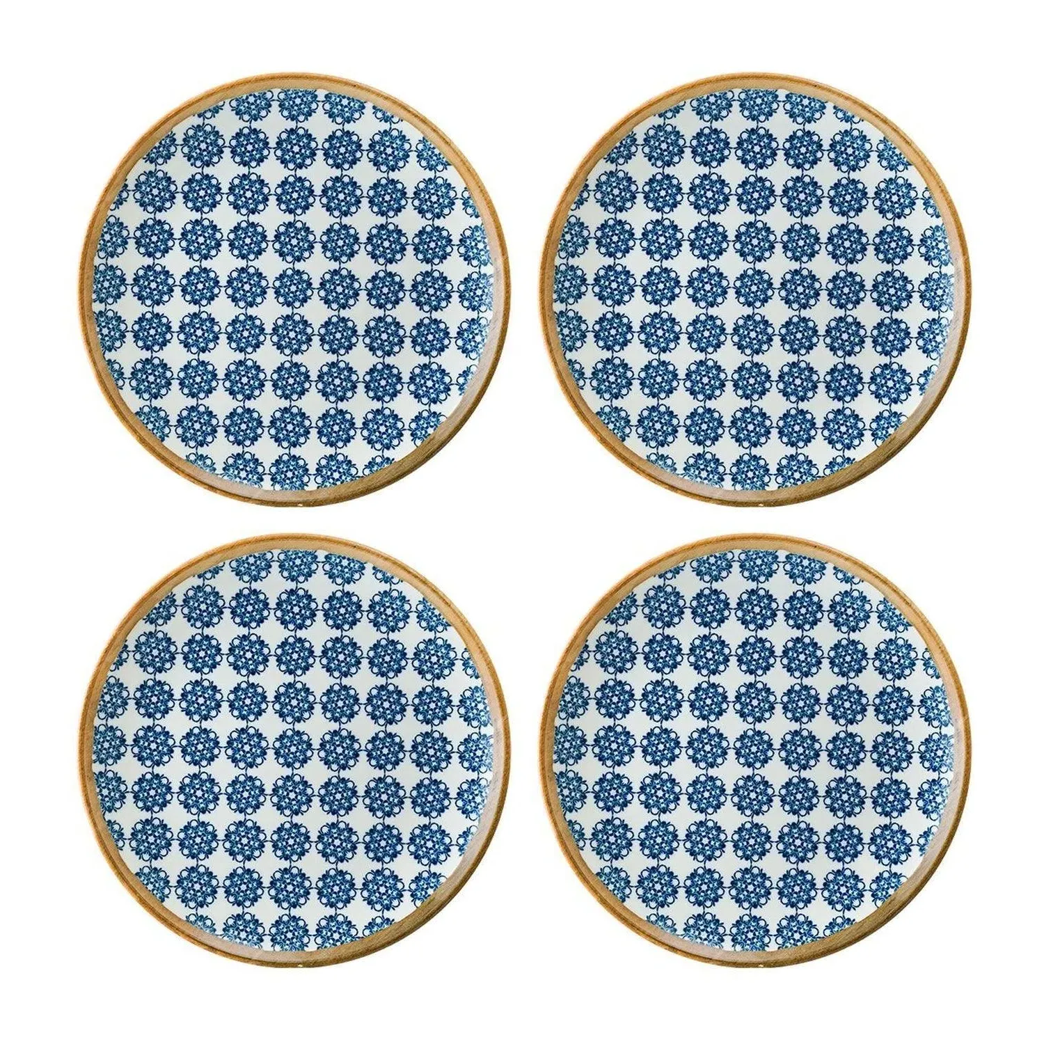 Calif Round Decorated Side Plate Set Of Four - Blue/White, Porcelain