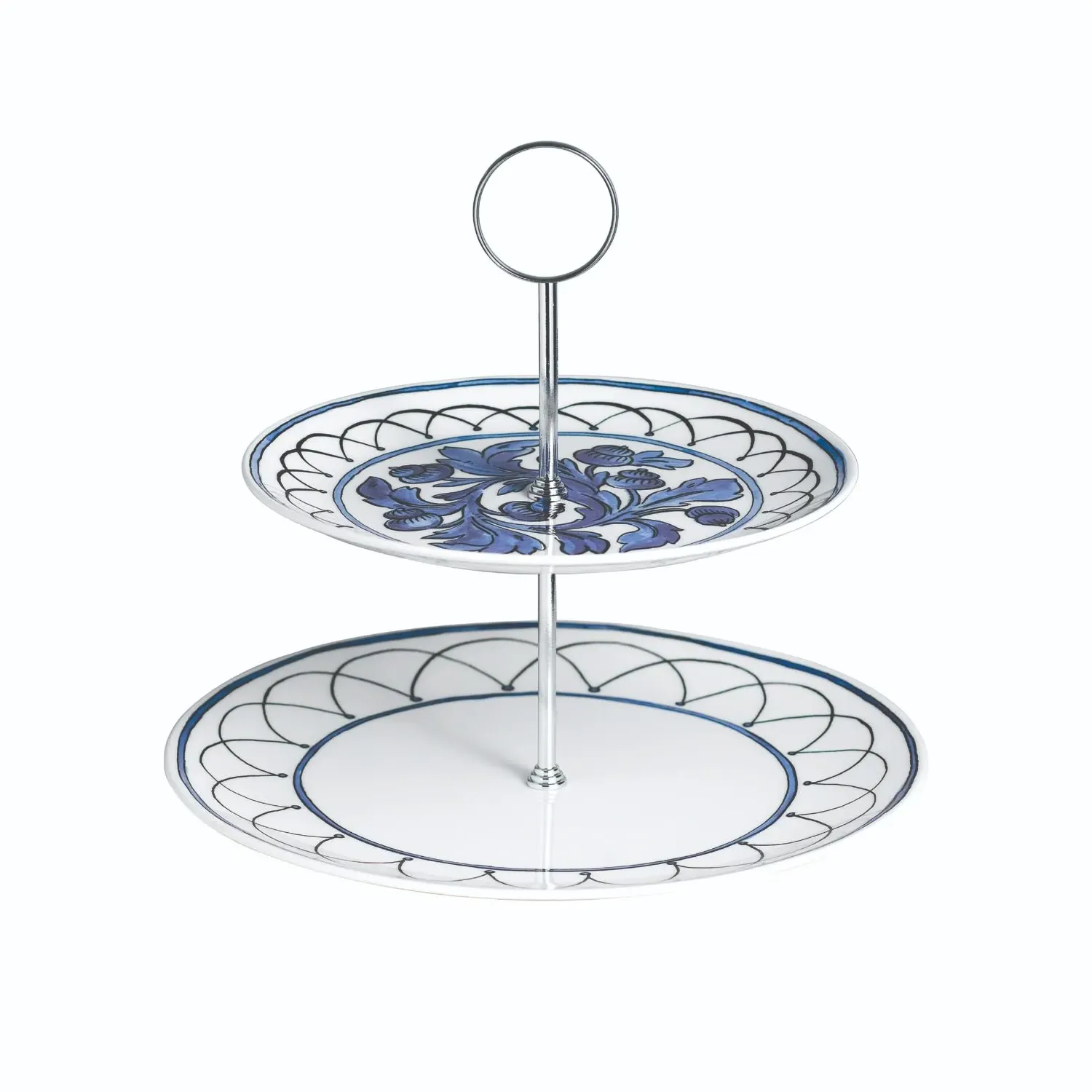 H.blue Bird Two Tiered Cake Stand - White, Fine Bone China
