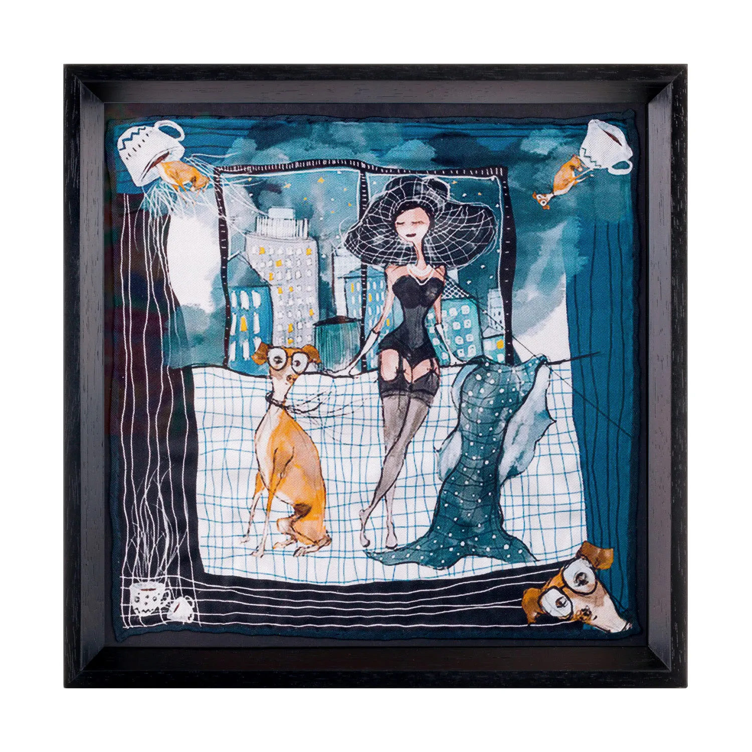 Sophia Loren And Her Lovely Dog Framed Silk Art - Wooden Frame