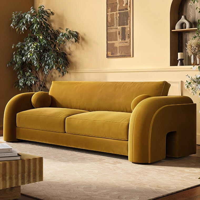 Aurelia Yellow Velvet Curved 3 Seater Sofa in room