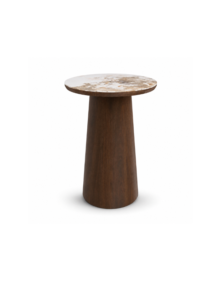 Round Walnut and Neutral Marble Effect Side Table - Malia