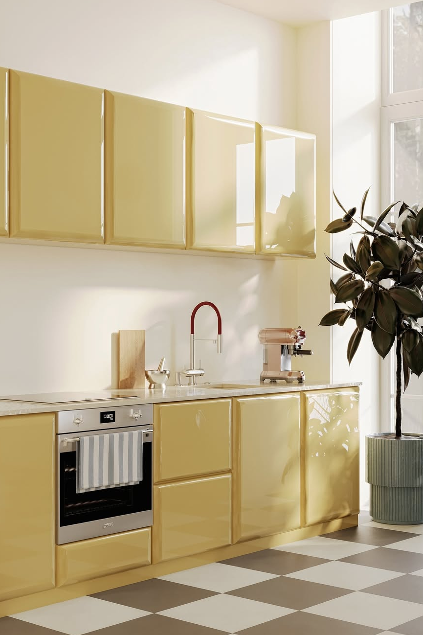 Soft buttery yellow interior with warm minimalist styling, sculptural furniture, creamy yellow decor accents and contemporary design details reflecting the 2026 yellow interiors trend.