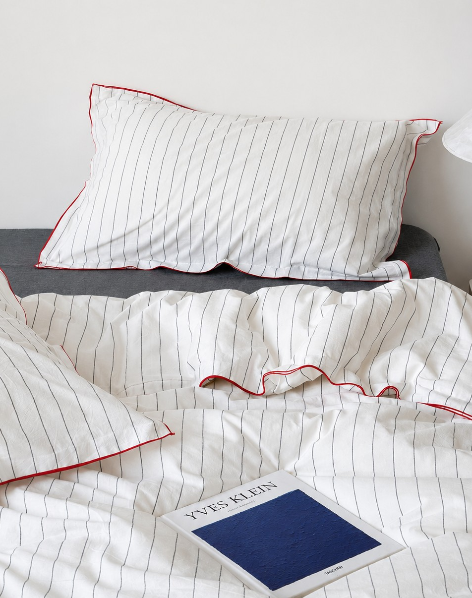 Vintora Minimalist White Striped Washed Cotton Bedding Set for Everyday Comfort