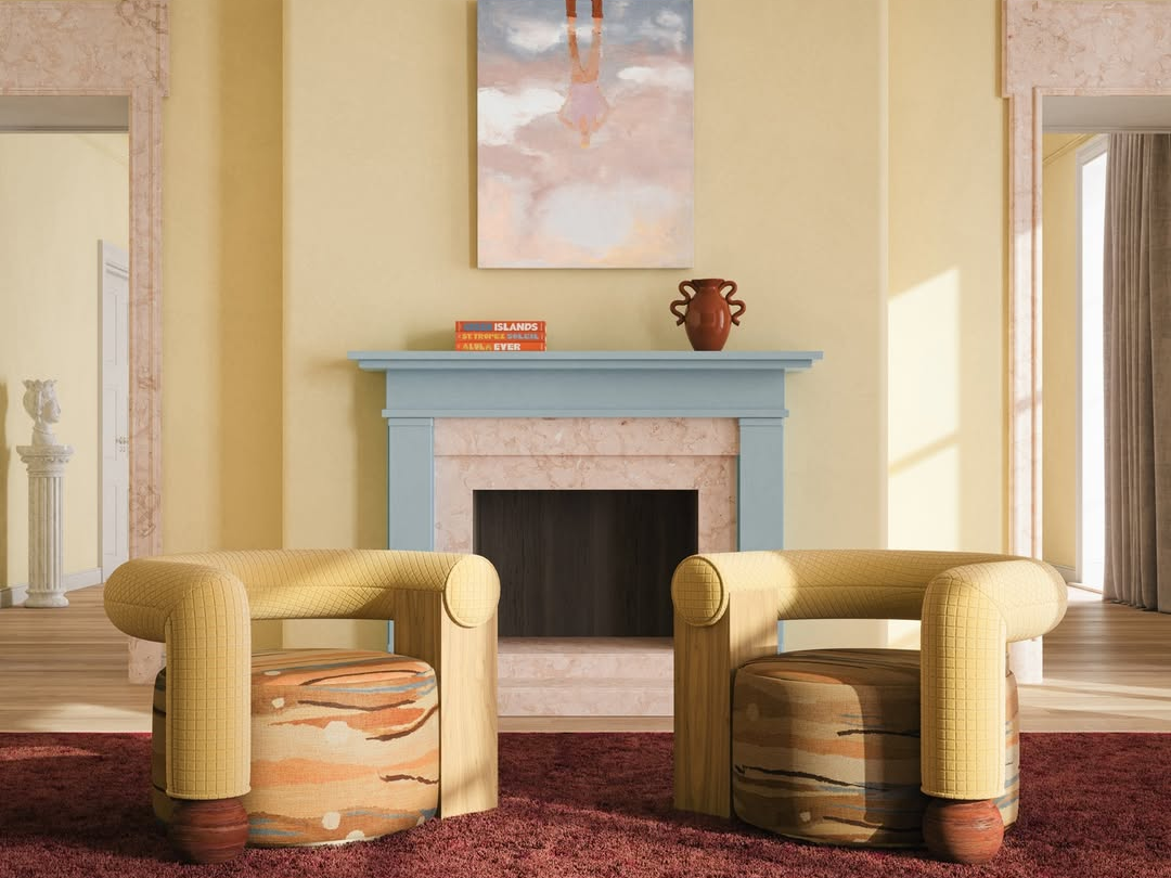 Soft buttery yellow interior with warm minimalist styling, sculptural furniture, creamy yellow decor accents and contemporary design details reflecting the 2026 yellow interiors trend.