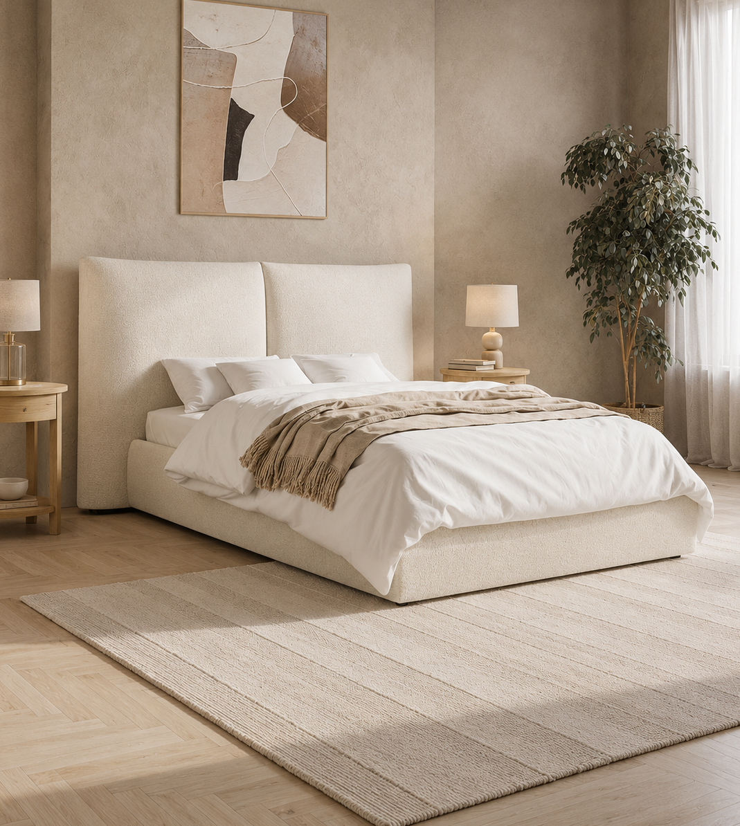 Beige Linen King Size Ottoman Bed with Pillow Headboard - Dune