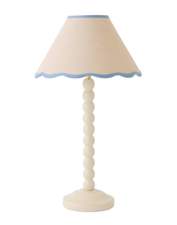 ValueLights Bobble Cream Table Lamp with Blue Trim Scallop Shade