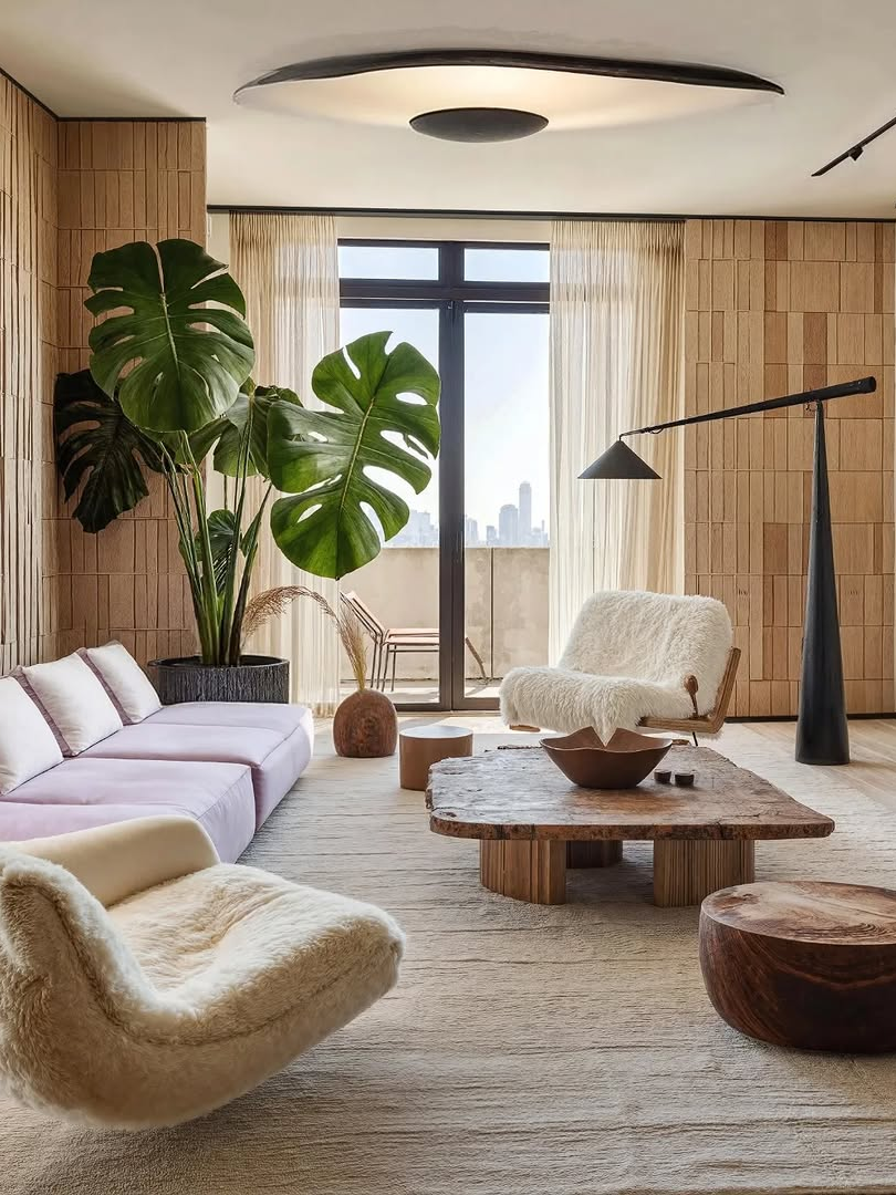 Organic sculptural living room with curved furniture, natural wood textures, oversized plants and soft neutral palette reflecting 2026 interior design trends